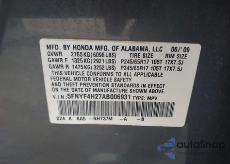 2010 Honda Pilot Lx from USA, damaged, VIN 5FNYF4H27AB006931